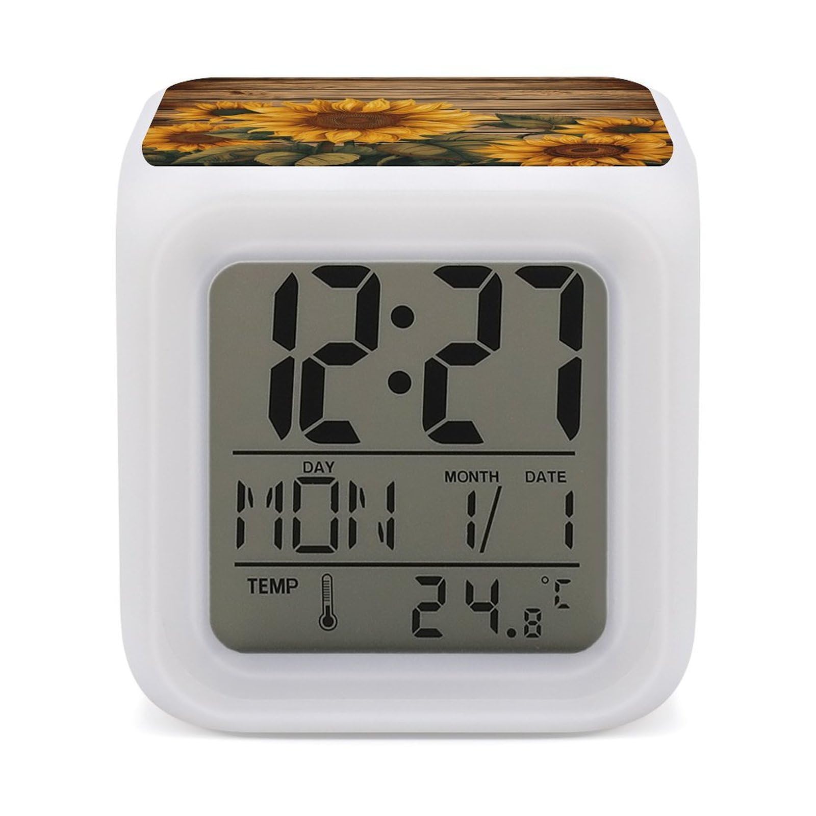 FekiLoot Paint Wooden Board Sunflower Alarm Clock with 7 Color Changing Night Light,Battery Operated Digital Clocks with Temperature Display Tiny Electric Clock LED Sleep Timer for Room Decor