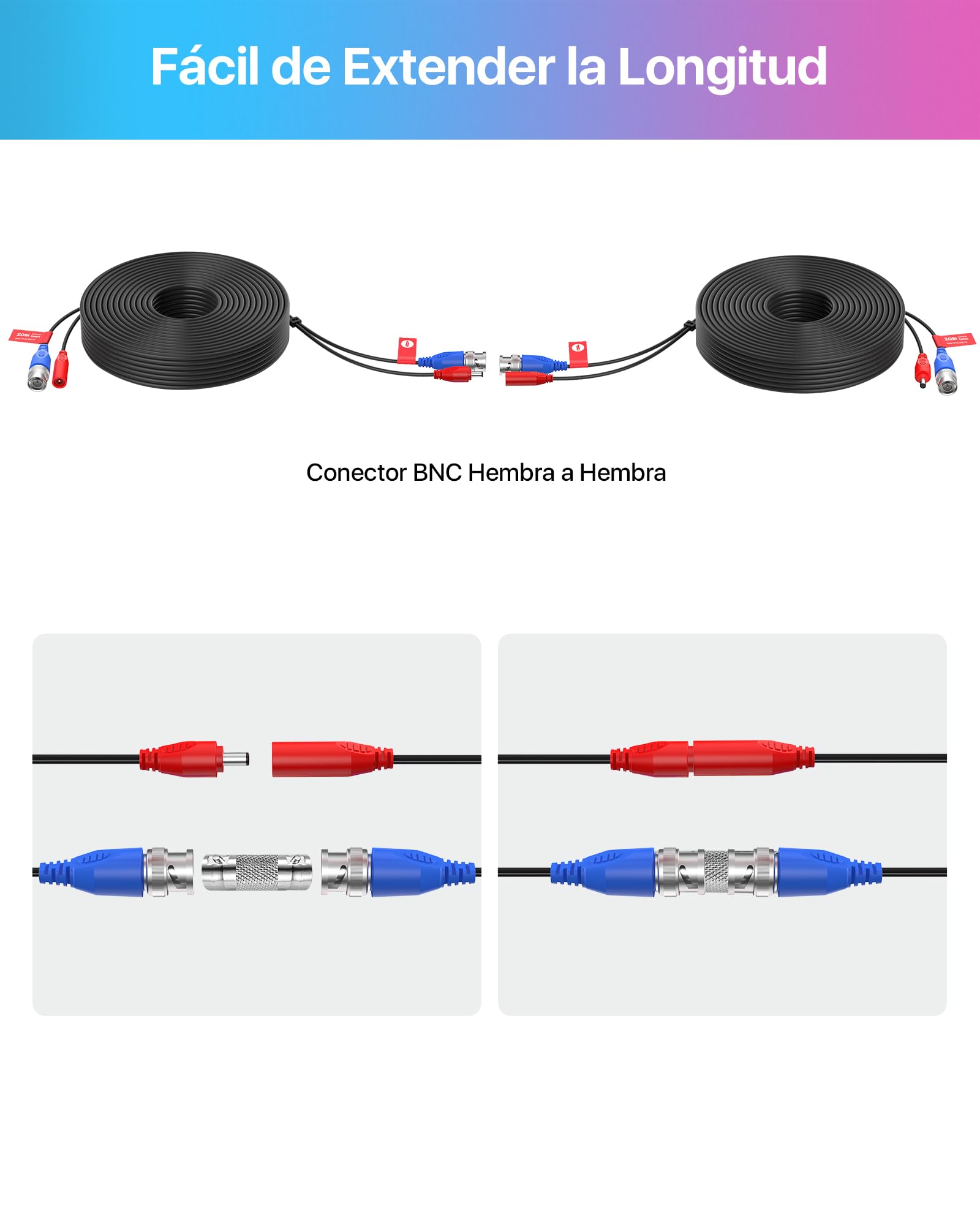 ZOSI Cable de BNC Video y Alimentación de 18,3 Metros para CCTV Kit de Cámara Seguridad Vigilancia DVR (1 Pack Negro)
