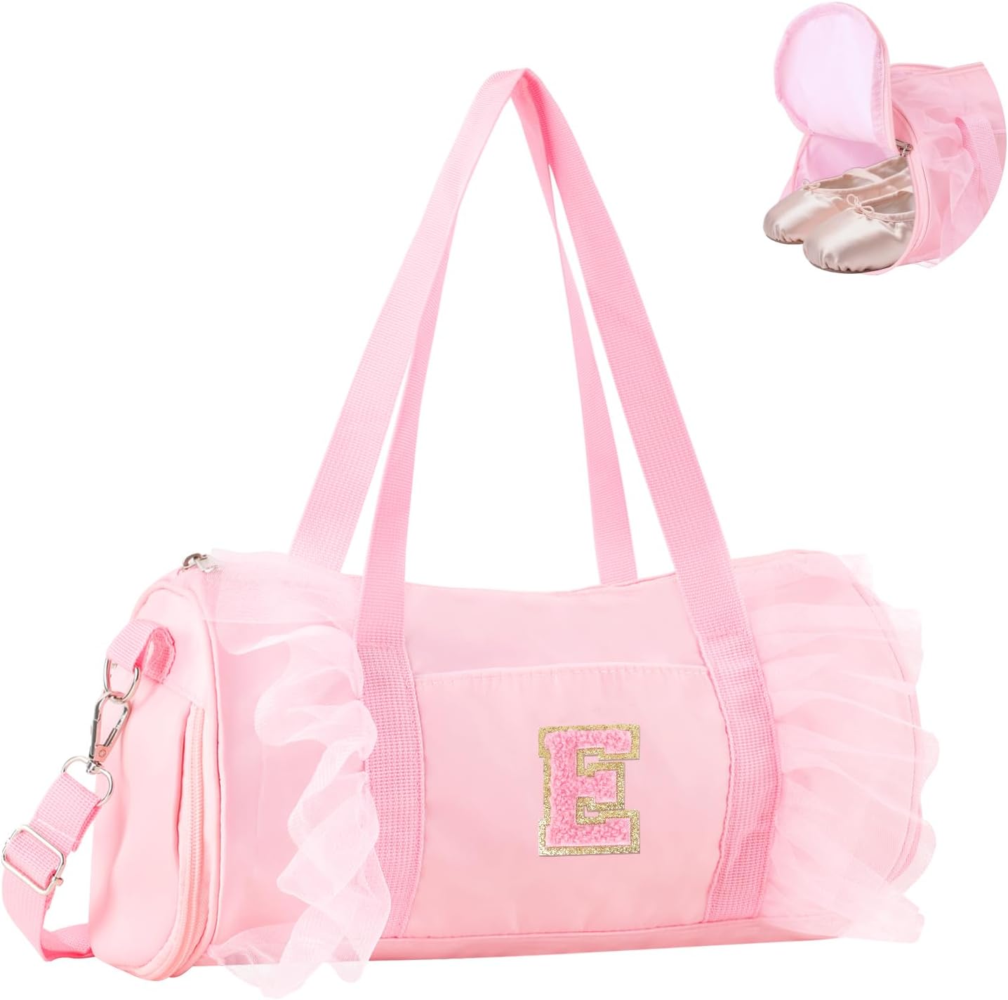 Personalized Initial Dance Bag for Girls 4-6, Small Lace Gym Sport Yoga Cheer Dance Bags Gift for Teen Girls, Cute Letter Kids Ballet Bag Toddler Travel Duffel Tote with Adjustable Straps(Pink-E)