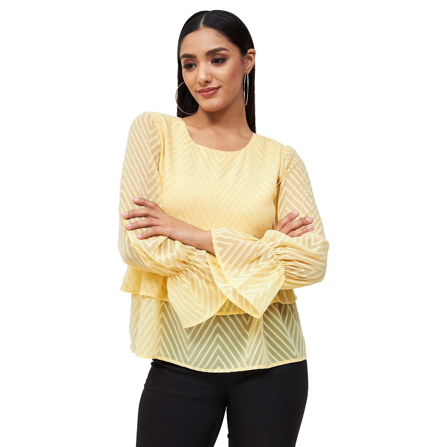 kibo Casual Women's Textured Polyester Round Neck Top Light Yellow-picture-56