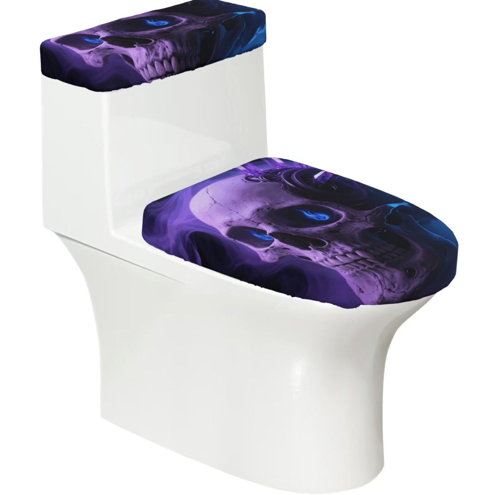 FekiLoot Skull Violet Blue Black Toilet Lid Cover and Toilet Tank Cover Set of 2,Dust Splash Resistant Toilet Top Covers Soft Washable Toilet Lid Seat Cover for Bathroom Office Home Decor