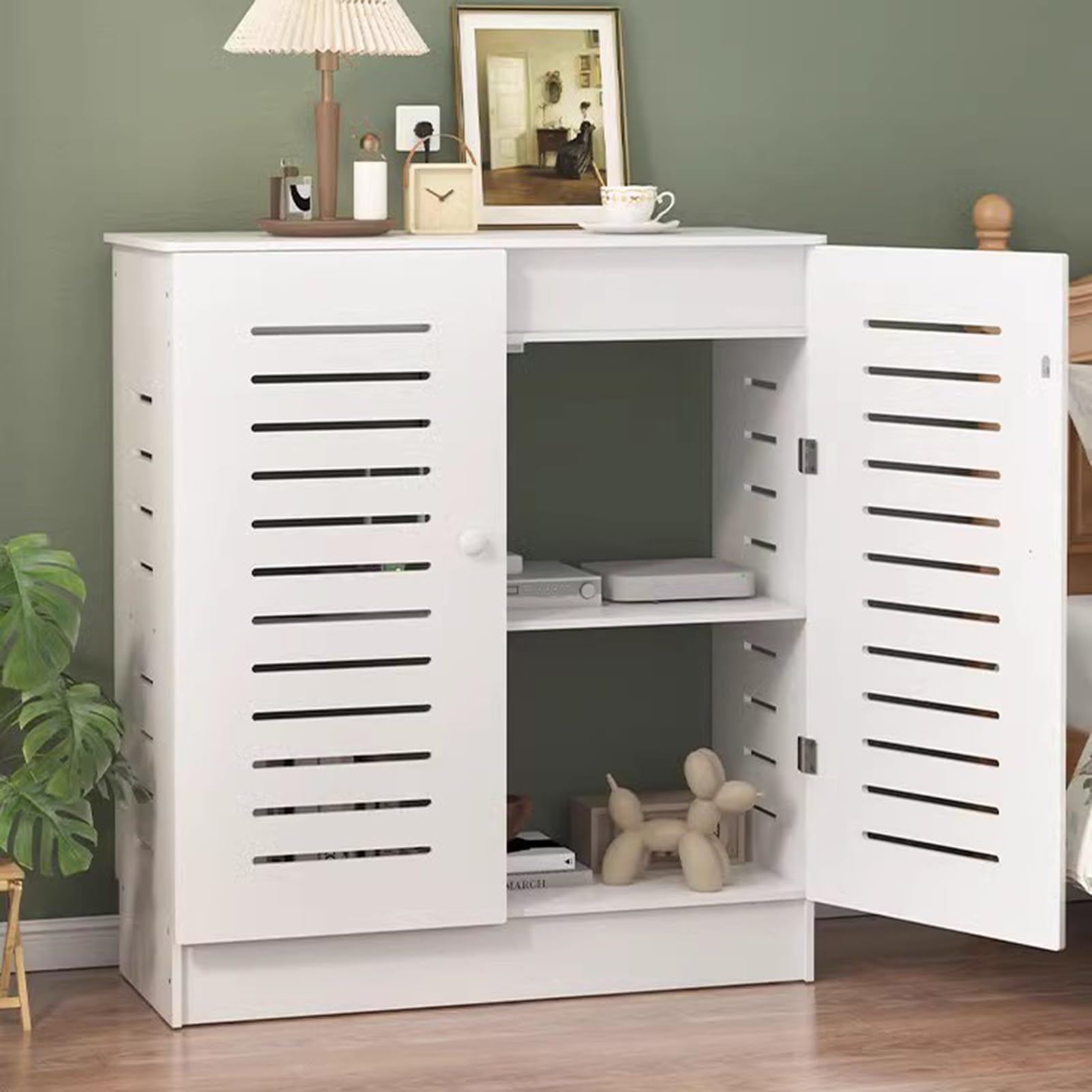 Organisateur multimédia en bois avec meuble routeur WiFi design à portes