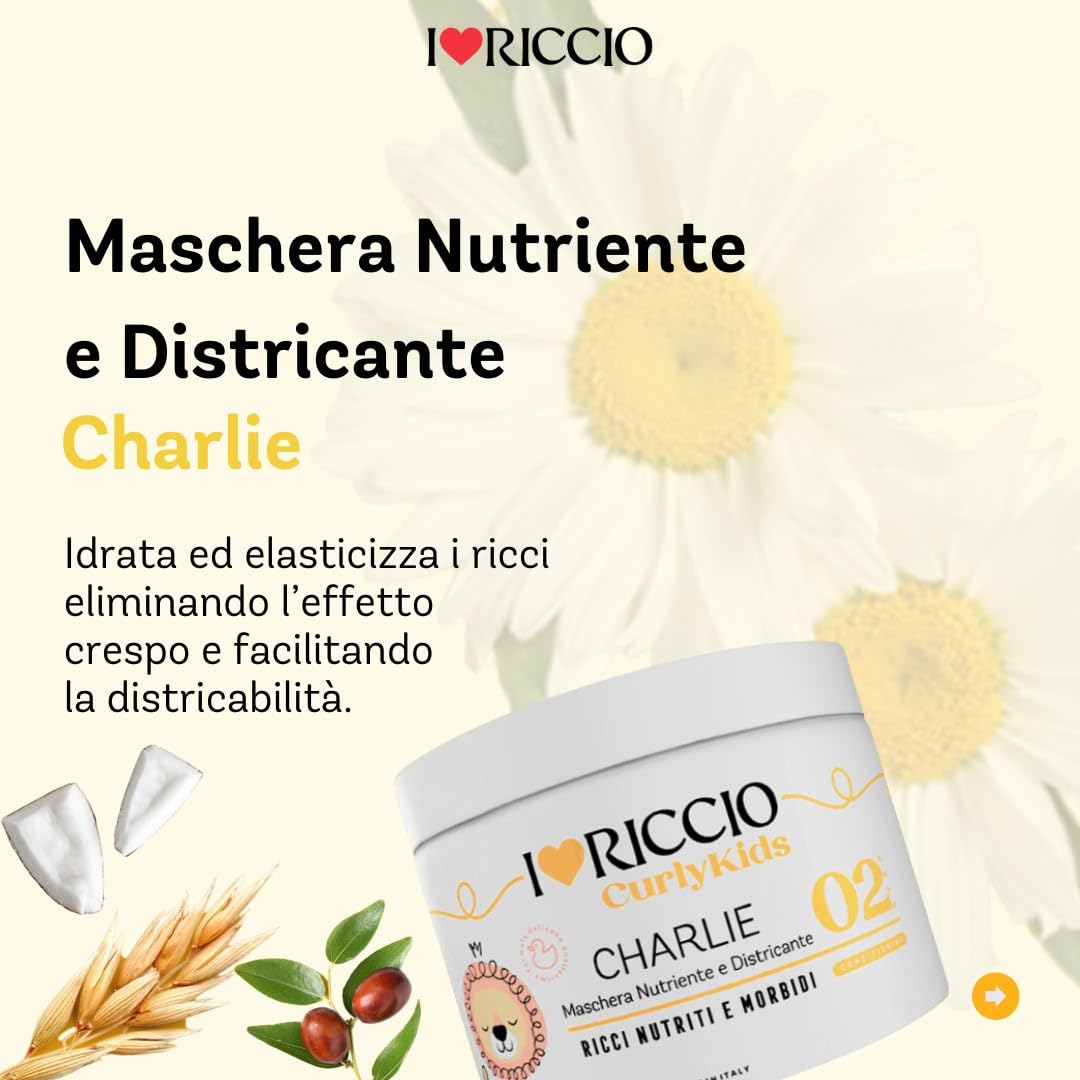 I Love Riccio Kit Curly Kids Per Capelli Ricci Bambini con Shampoo Idratante 250 ml, Maschera Nutriente 250 ml e Crema Modellante 250 ml, Formula Delicata Antilacrime, con Matite Colorate e Cartoncino