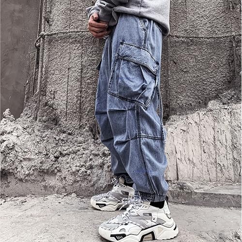 Men's Japanese High Street Multi-Pocket Blue Jeans Baggy Drawstring Tapered Cargo Pants Mens Tech Hip Hop Sweatpants4