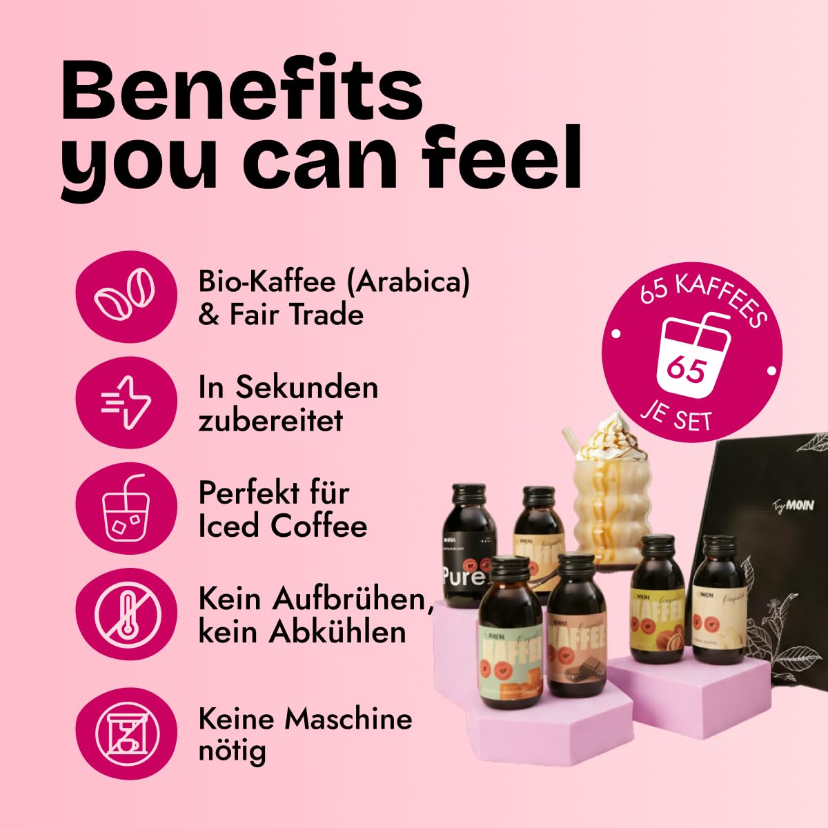 TryMOIN 6er Probier- und Geschenkset – Kaffeekonzentrate für Iced Coffee, Cappuccino, Frappé & Latte | mit Bio-Fairtrade Kaffee, 65 Portionen pro Set