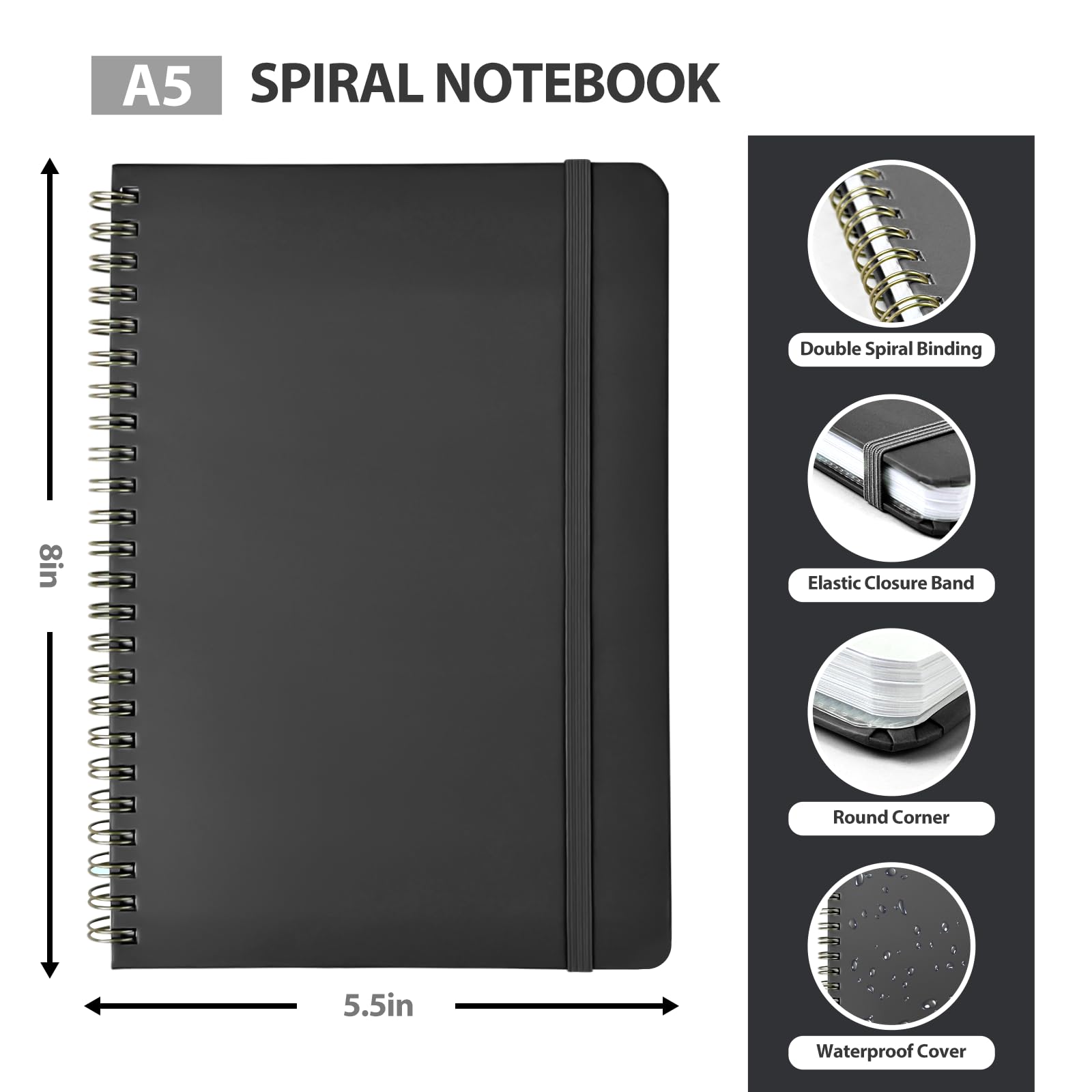 VALOME Tagebuch-Notizbücher, A5, liniert, Spiralnotizbuch für Damen und Herren, 146 Seiten, College, liniert, Hardcover, Notizbuch, für Arbeit, Notizen, Journaling, Schule, Schreiben (schwarz)