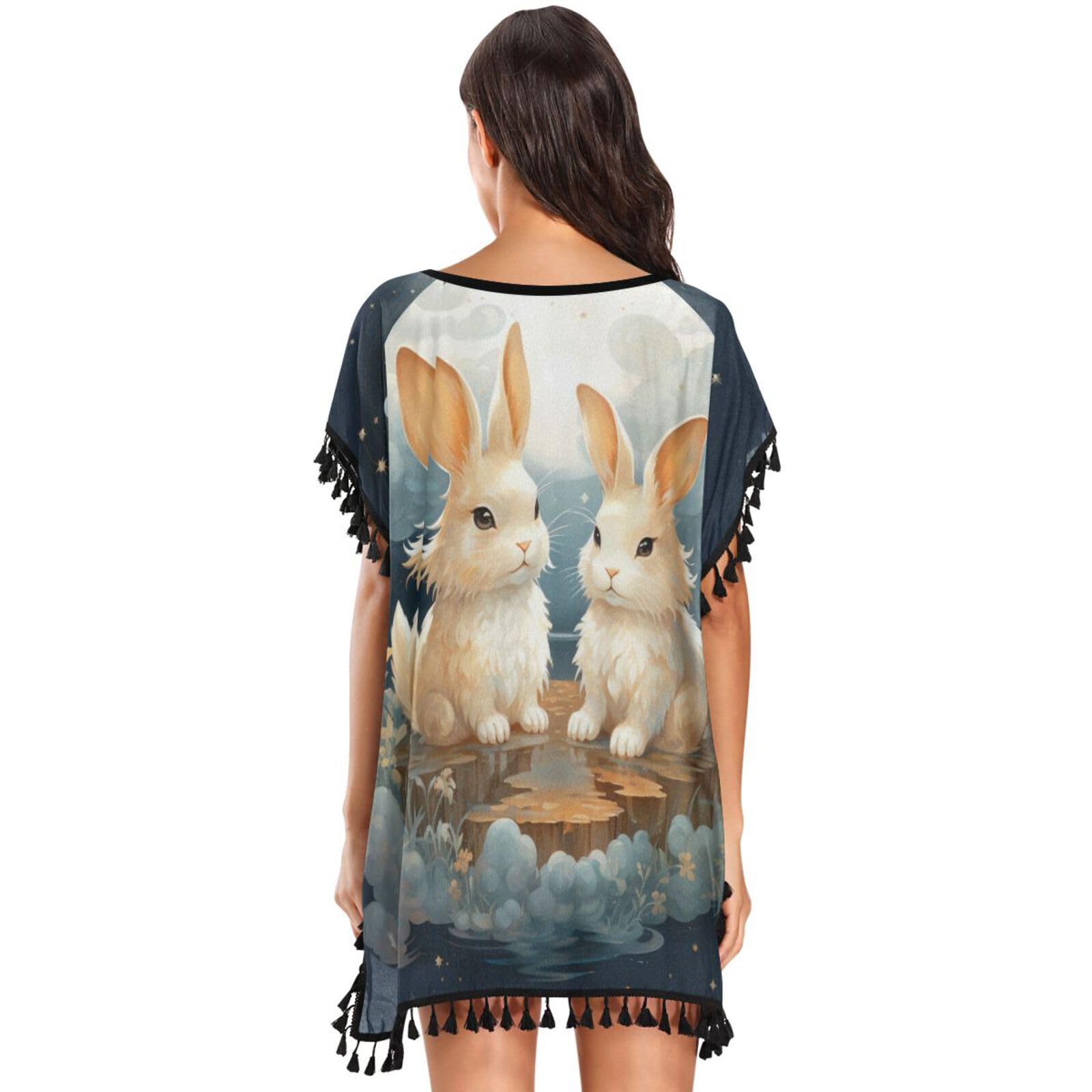 Cute Pattern Cloud Rabbit Women's Beach Cover Up Chiffon Tassel Swimwear Swimsuit Coverups for Girl