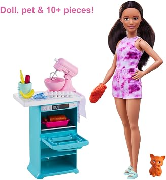 Barbie Doll & Kitchen Playset with Barbie doll (~10.5 in Brunette, Petite), Oven, Spinning Mixer, Pet Kitten & Baking Accessories, Gift for 3 to 7 Year Olds