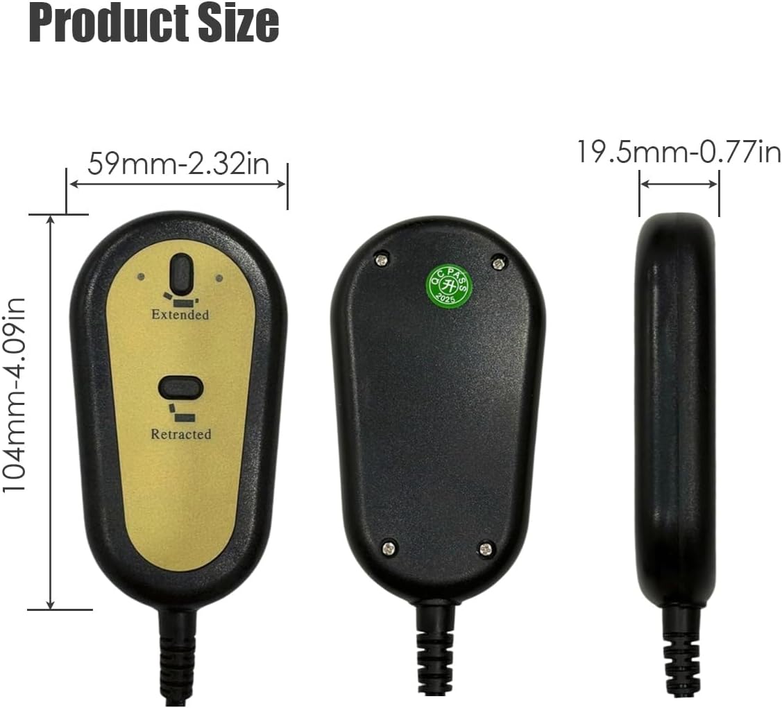 前面、背面、側面 views of the Wokyo Electric Sofa Remote Hand Control, showing dimensions