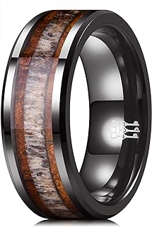6,8mm Black/White Ceramic Wedding Ring with Real Koa Wood Inlay Flat Top...