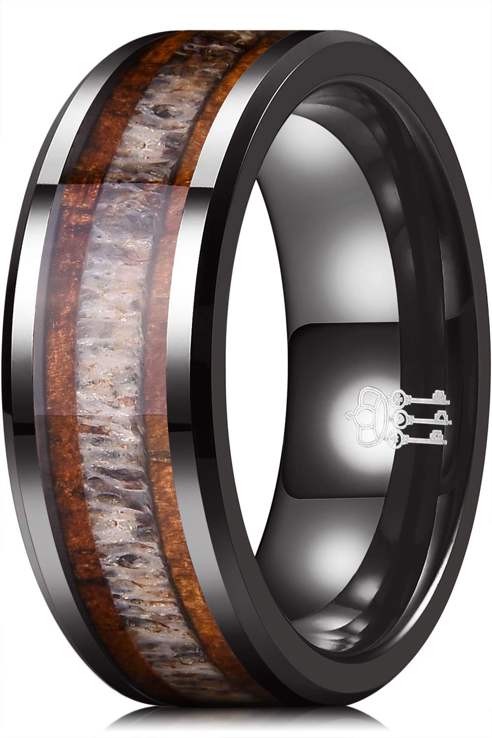 THREE KEYS JEWELRY Mens 8mm Wedding Polished Rings with KOA Wood & Antler Inlay Bands for Men Him Dad Black Dome Ceramic Ring Size 14