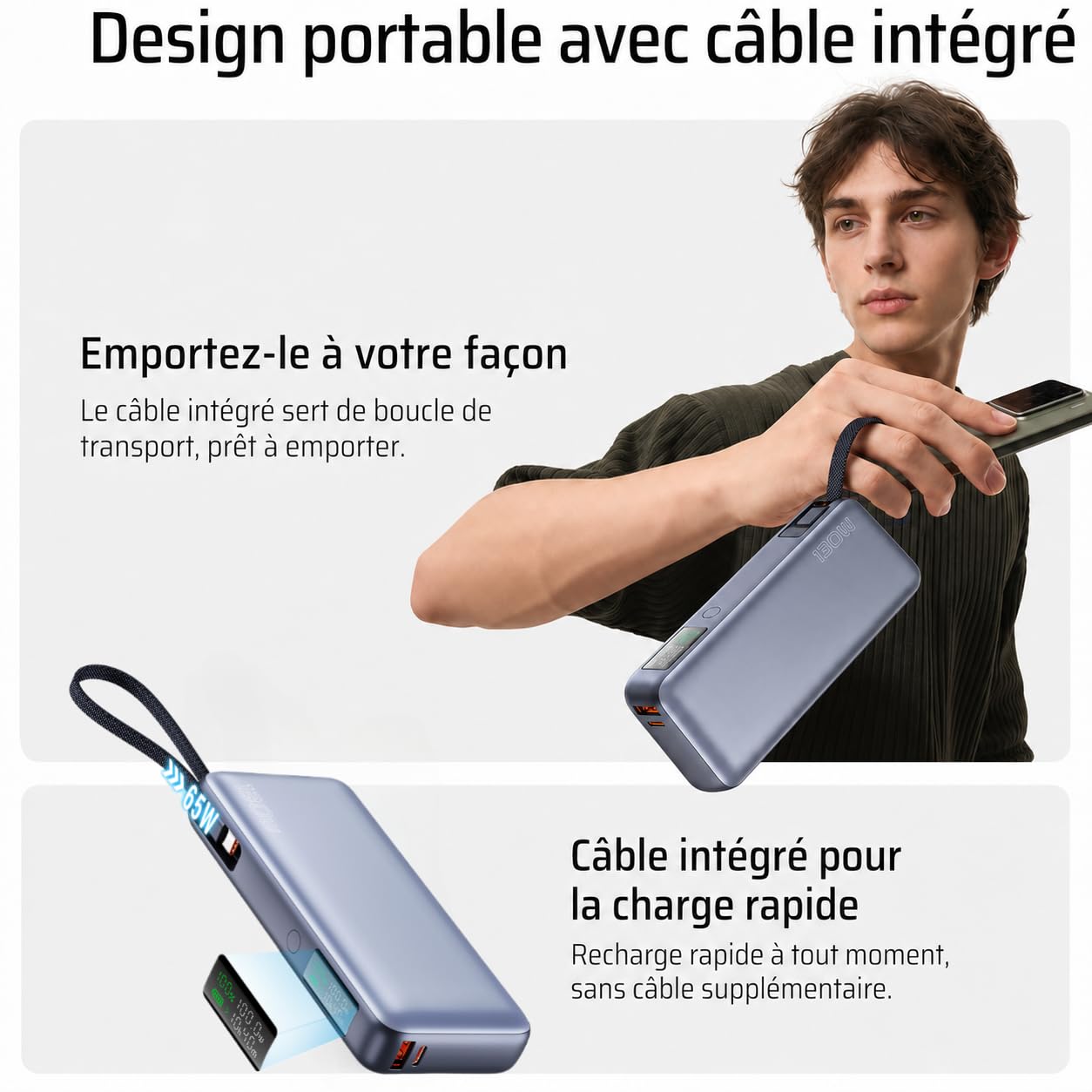 SLUB Batterie Externe 26 800 mAh 100 W, câble USB-C intégré, écran LED