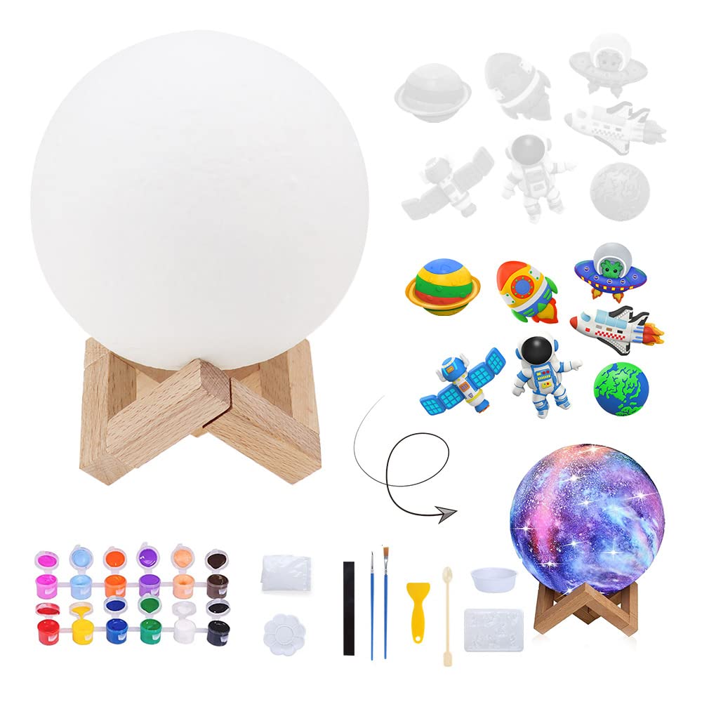 Siwinparts Paint Your Own Moon Lamp Kit 3D Printed Moon Light with Space Figurine Molds and Wooden Stand LED Night Light Novelty Gifts for Kids Boys Lovers Easter Birthday