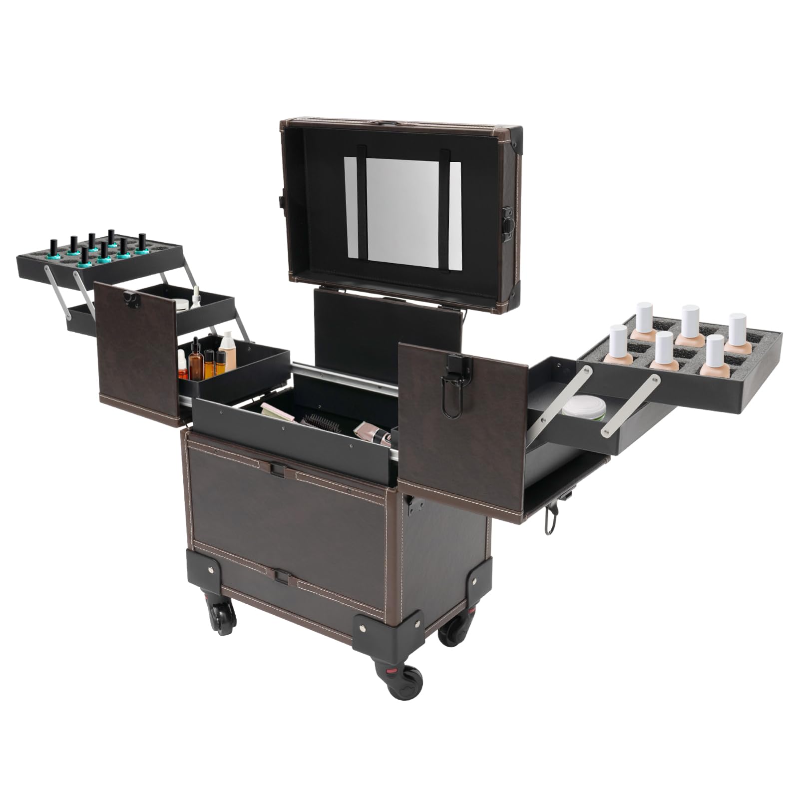 Kosmetikkoffer Trolley - Kosmetikkoffer mit Spiegel 37x24.3x101cm Make up Koffer Schminkkoffer mit Rollen Friseurkoffer für Reisen, Geschenkidee (Dunkelbraun)