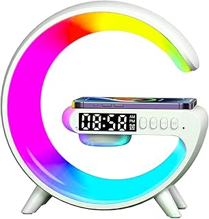 WY8 Smart Atmosphere Lamp - LED Night Light Bluetooth Speaker Wireless Charger RGB Alarm Clock, Multi-Functional G-Shape Table Lamp for Home Office, Bedroom, Gifts