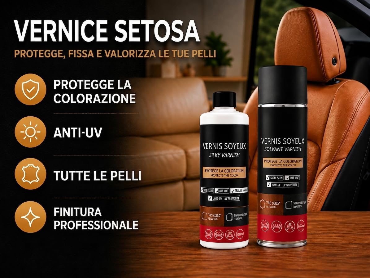 Vernice setosa per pelle. Protegge la colorazione e lo strato superficiale della pelle ed evita la screpolatura prematura (200 ml - raso)).