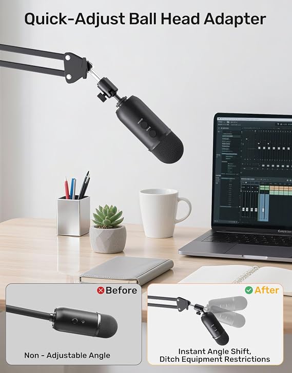 Ball and Socket Head Microphone Adapter with Angle Adjustment [All Metal], Universal Mic Stand Adapter for Audio Studio & Live Performance Mic Setups with 5/8 & 3/8'' Adapters