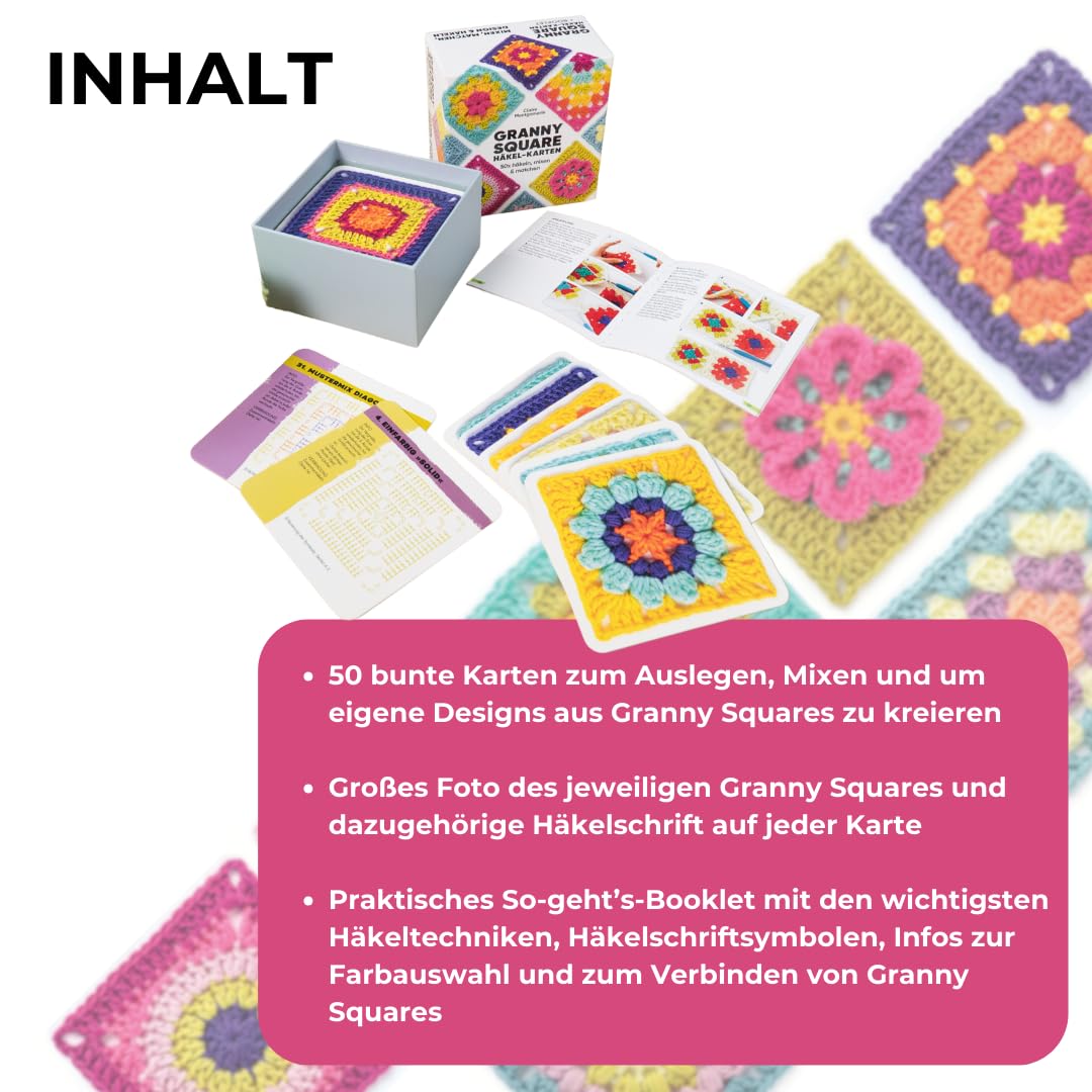 Granny Square Häkel-Karten (Deutsche Ausgabe): 50x häkeln, mixen und matchen. Mit Häkelschrift und Foto zu jedem Granny Square und praktischem So-geht's-Booklet