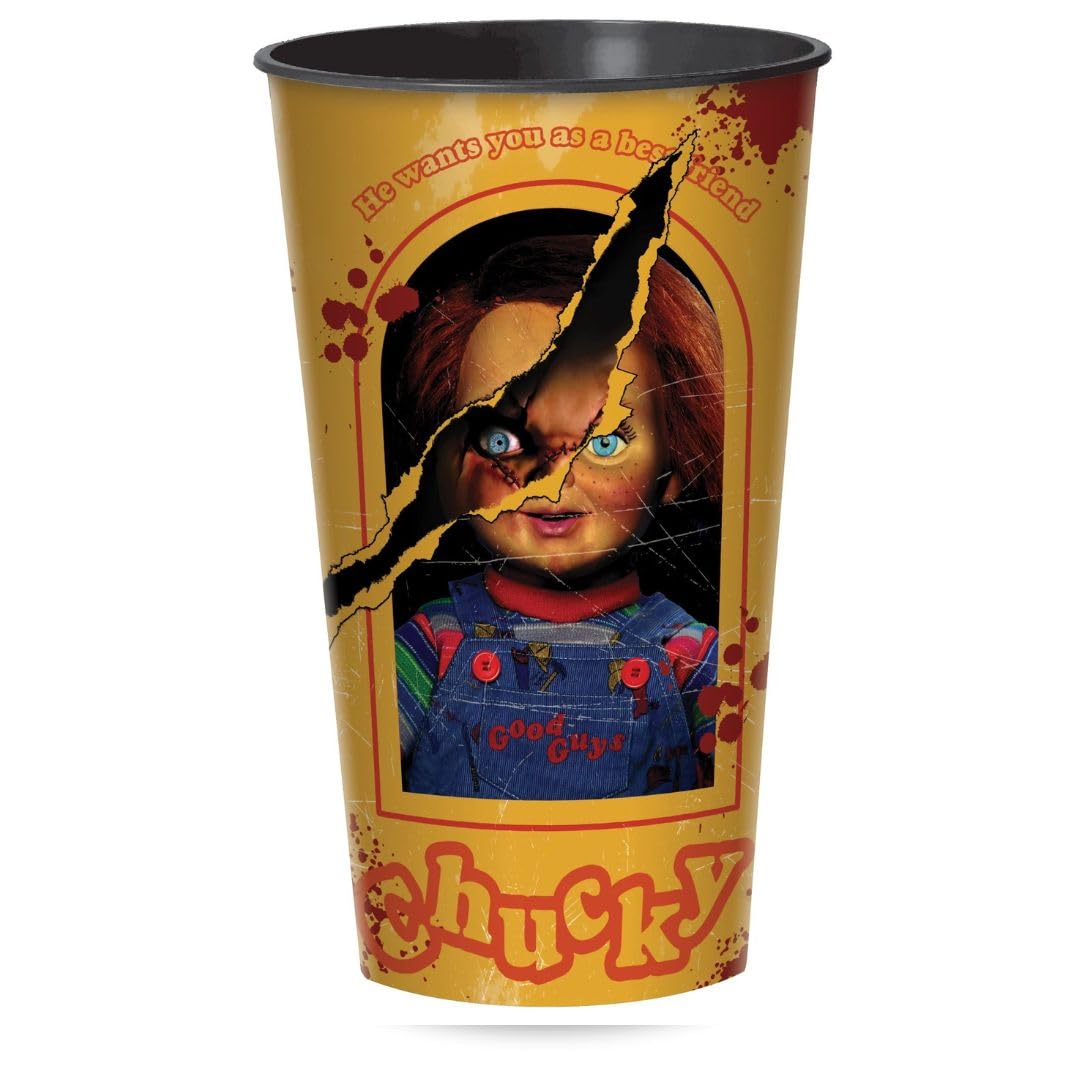 Spooktacular Multicolor Cup - 32 oz. (1 Pc.) - Assorted Dazzling Designs, Sturdy Plastic - One-of-a-kind Collectible for Horror Lovers, Child's Play Chucky