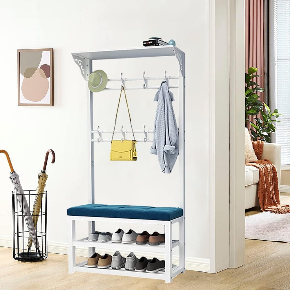 MYUYEE Industrial Coat Rack With Bench, Free Standing Coat Stand With 8 Hooks And Shelves Hall Tree With Shoe Racks, For Entryway Hallway Living Room Bedroom 80/100X30X172Cm(A-100Cm)