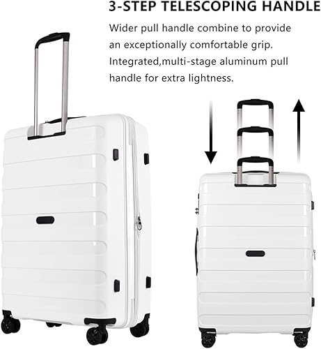 Miniatura 8 de GinzaTravel Material de polipropileno antiarañazos de gran capacidad, equipaje expandible, juego de equipaje giratorio de 8 ruedas, Color blanco,