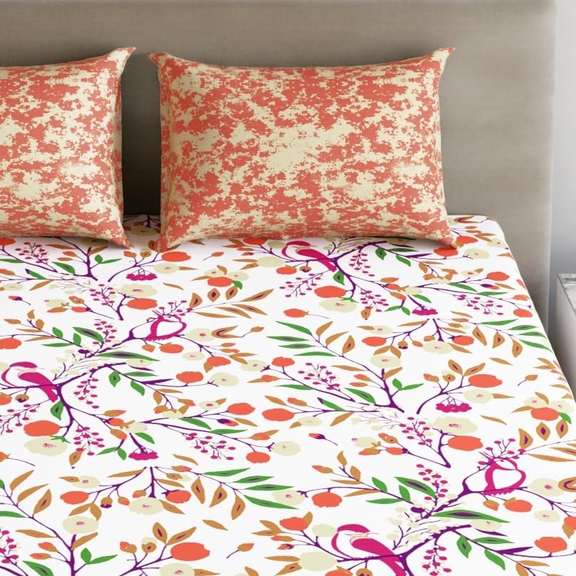 Image of Dreamscape 100% Cotton Bedsheet for Double Bed, 186 TC, 1 Bed Sheet (Size 87 x 94 inches) with 2 Pillow Covers - Orange