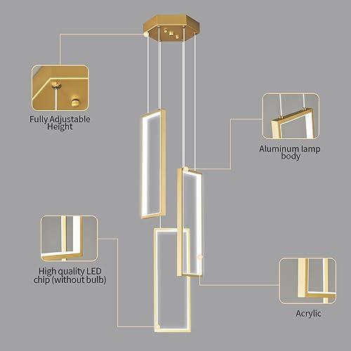 Miniatura 22 de Lámpara colgante moderna para isla de cocina, regulable, color negro, 54 W, luces colgantes LED, 4 anillos, candelabros rectangulares, escalera