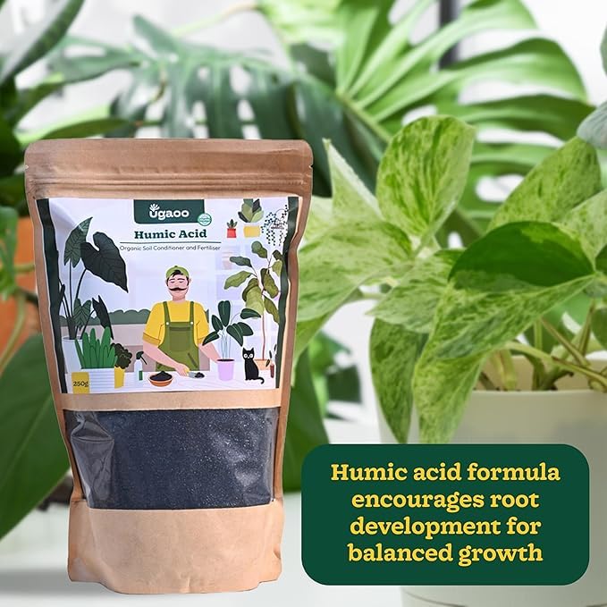 Image of UGAOO Humic Acid (98%) for Plants | Humic Acid Fertilizer for Plants, Home Garden, Growth Enhancer, Soil Conditioner, Improves Root System (250 gm)