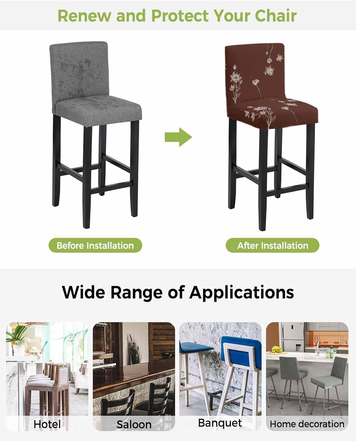 Keikimeiker 椅子カバー 和風 蓮 花 シンプル 茶色バック チェアカバー 4枚セット ストレッチ 取り外し可能 背もたれ