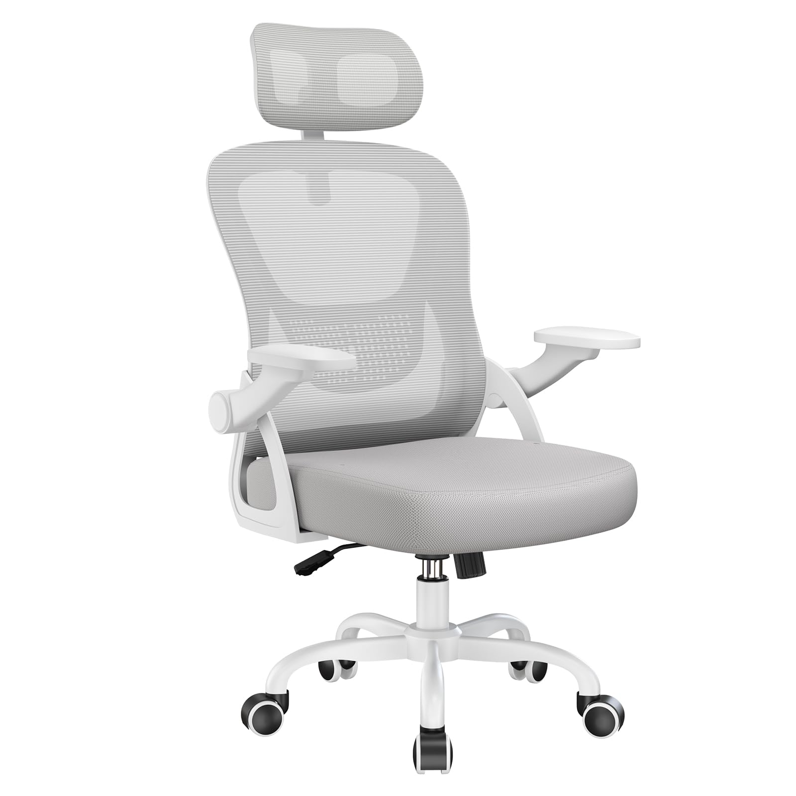 rattantree Silla de Oficina Ergonómica, Silla Escritorio con Reposabrazos Abatibles, Reposacabezas Y Respaldo, Silla ergonomica Pequeña con Basculante De hasta 115°, Malla Silla de Oficina, Gris