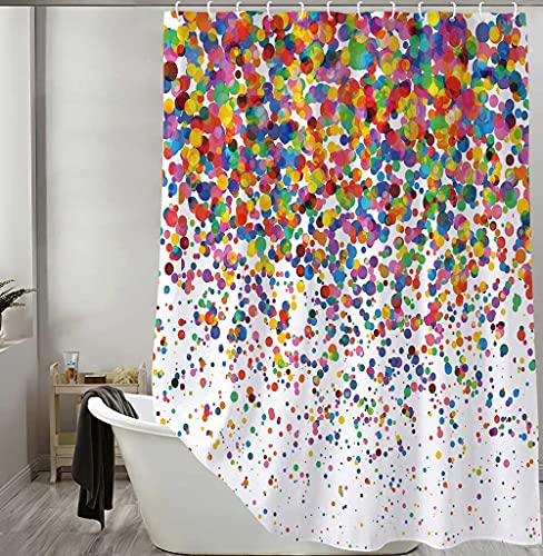 Colorful Shower Curtain, Geometric Confetti Falling Colorful Rainbow Polka Dot Shower Curtain For Bathroom, Wedding Festival Party Decor Bath Curtains, Kids Bathroom Accessories 12Pcs Hooks, 70X70In #TOP1