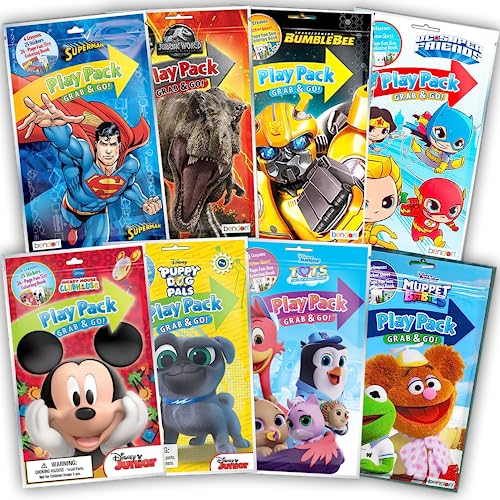 (8 PACK) Bendon Grab & Go Play Packs Boys Coloring Books With Crayons Party Favor Bulk for Kids Superhero Cartoon Characters Bulk activity books for kids Coloring Packs Bundle (No Duplicates)