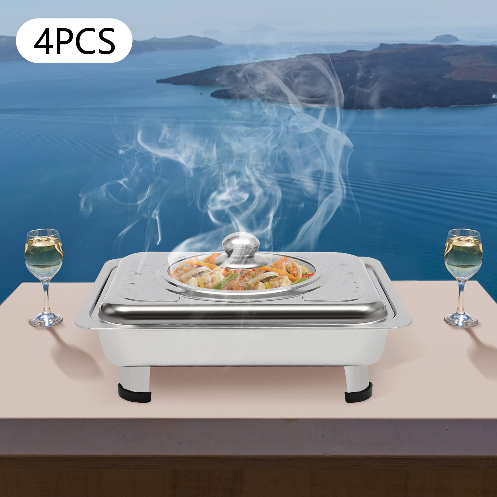 Set di 4 ciotole per buffet in acciaio inox con piedini rimovibili, 33,5 x 27,5 cm, per catering, matrimoni ed eventi (argento)
