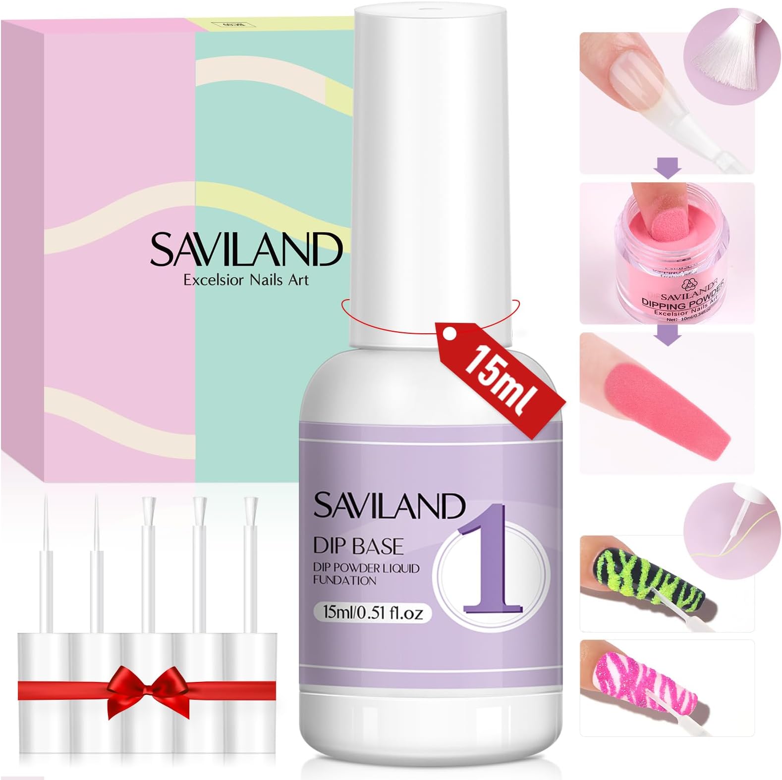 SAVILAND Dip Powder Base: Vitamin E Ultra Adhesive Dip Foundation Coat for Refill Dip Powder Liquid Set HEMA-free Nail Kit with 2 Liner 3 Replacement Brush for French Nail Art Beginner Home Salon DIY