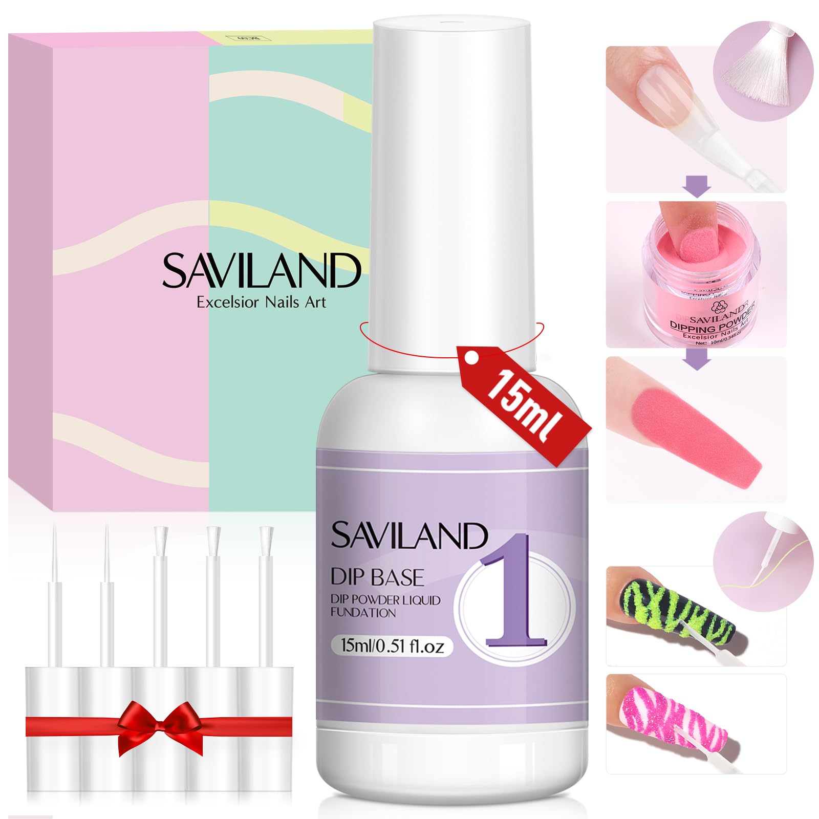 SAVILAND Dip Powder Base: Vitamin E Ultra Adhesive Dip Foundation Coat for Refill Dip Powder Liquid Set HEMA-free Nail Kit with 2 Liner 3 Replacement