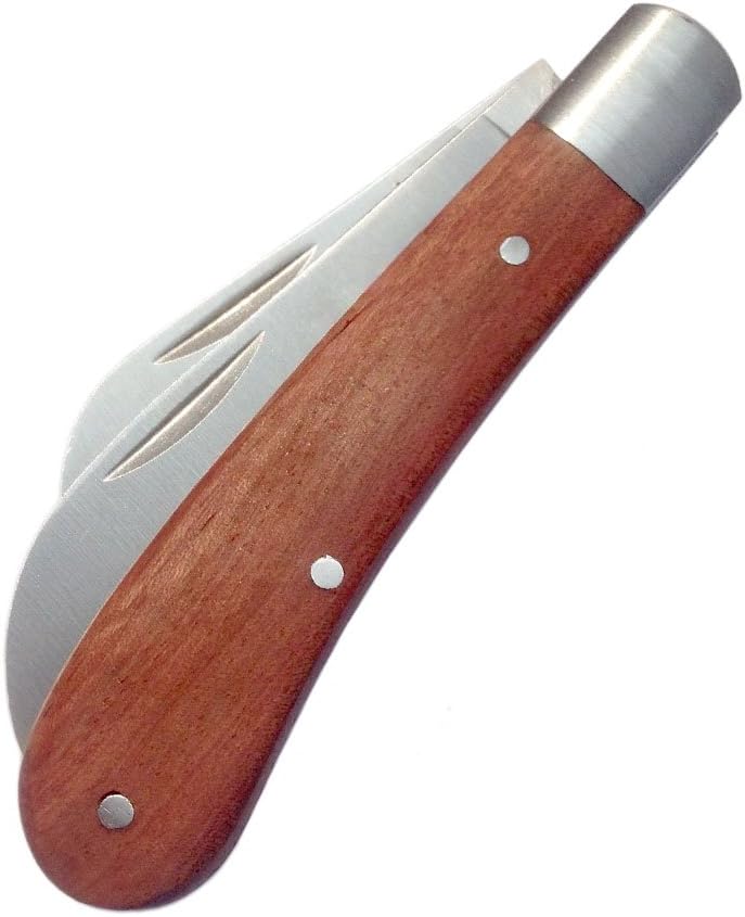 Multifunctional Two Blades Folding Mushroom Knife Curved Knife & Straight Knife 2 in 1 Professional Folding Electrician Knife Solid Wood Handle w/Wire Stripper
