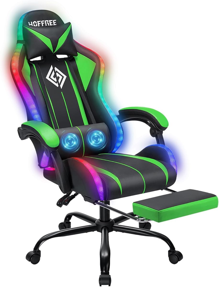 RGB Gaming Chair with LED Lights Massage Ergonomic Computer Chairs-Green | High Back Video Game Chair with Footrest & Adjustable Lumbar Support Gamer Chairs for Adults Racing Style Recline
