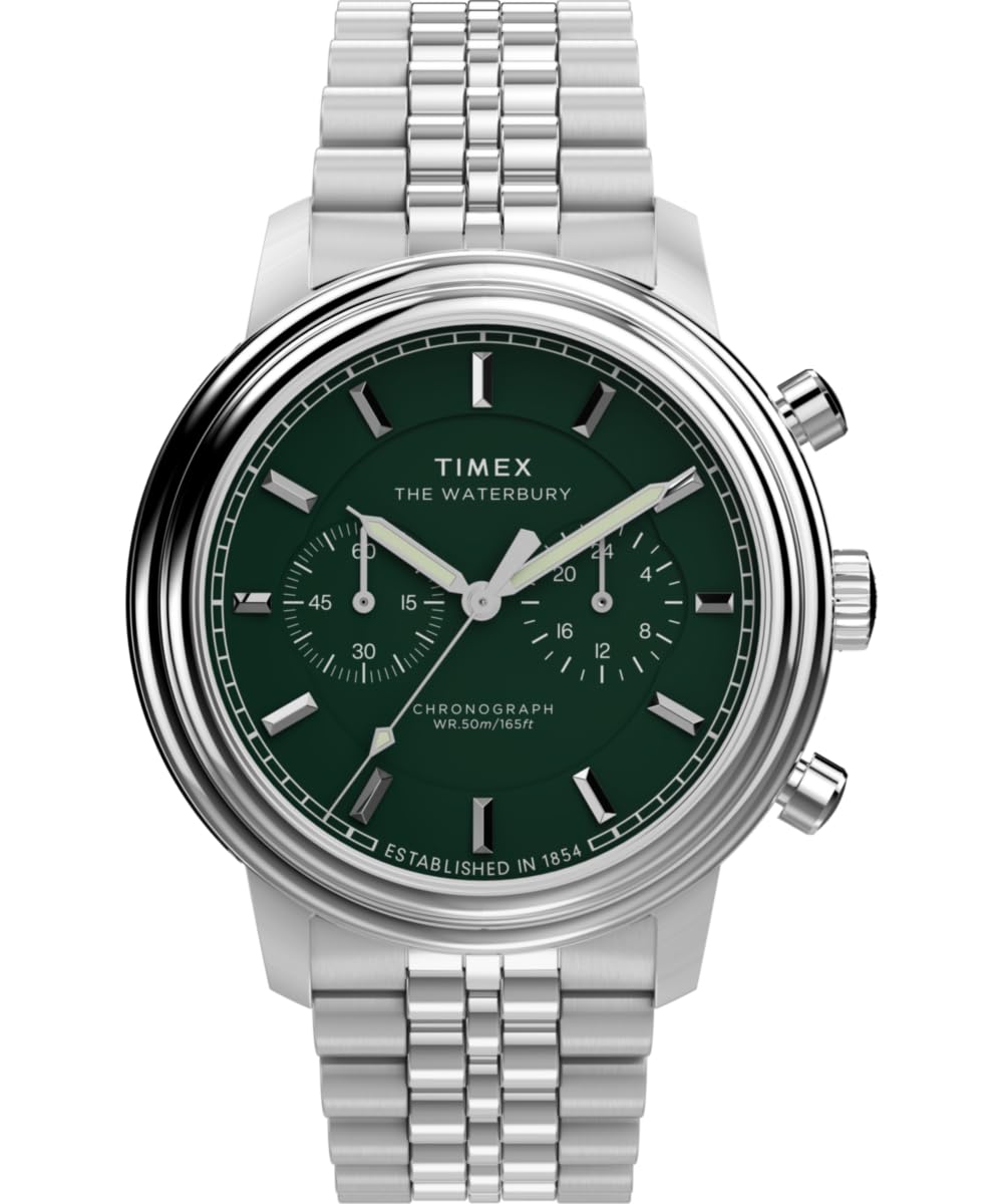 Timex Men's Waterbury Metropolitan Chronograph 41 mm Watch - Stainless Steel Bracelet and Green Dial TW2Y23600