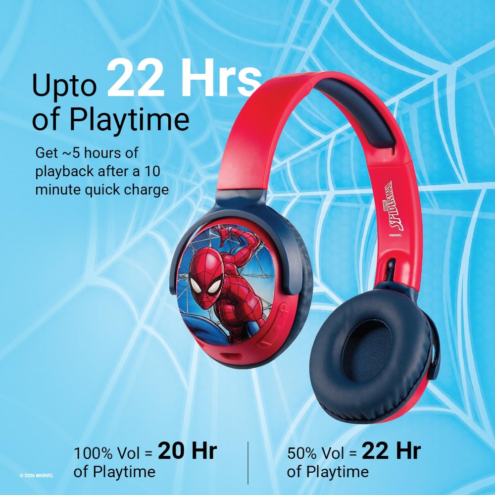Marvel Spider-Man Kids Bluetooth Stereo Headphones with Mic | Swivel & Foldable Cups | Kids Safe 85dB Volume | Soft Padded Earcups | Aux Input | 22H Playtime|Voice Assistant|Perfect for Boys|Ages 5-16 — Amazon image 7