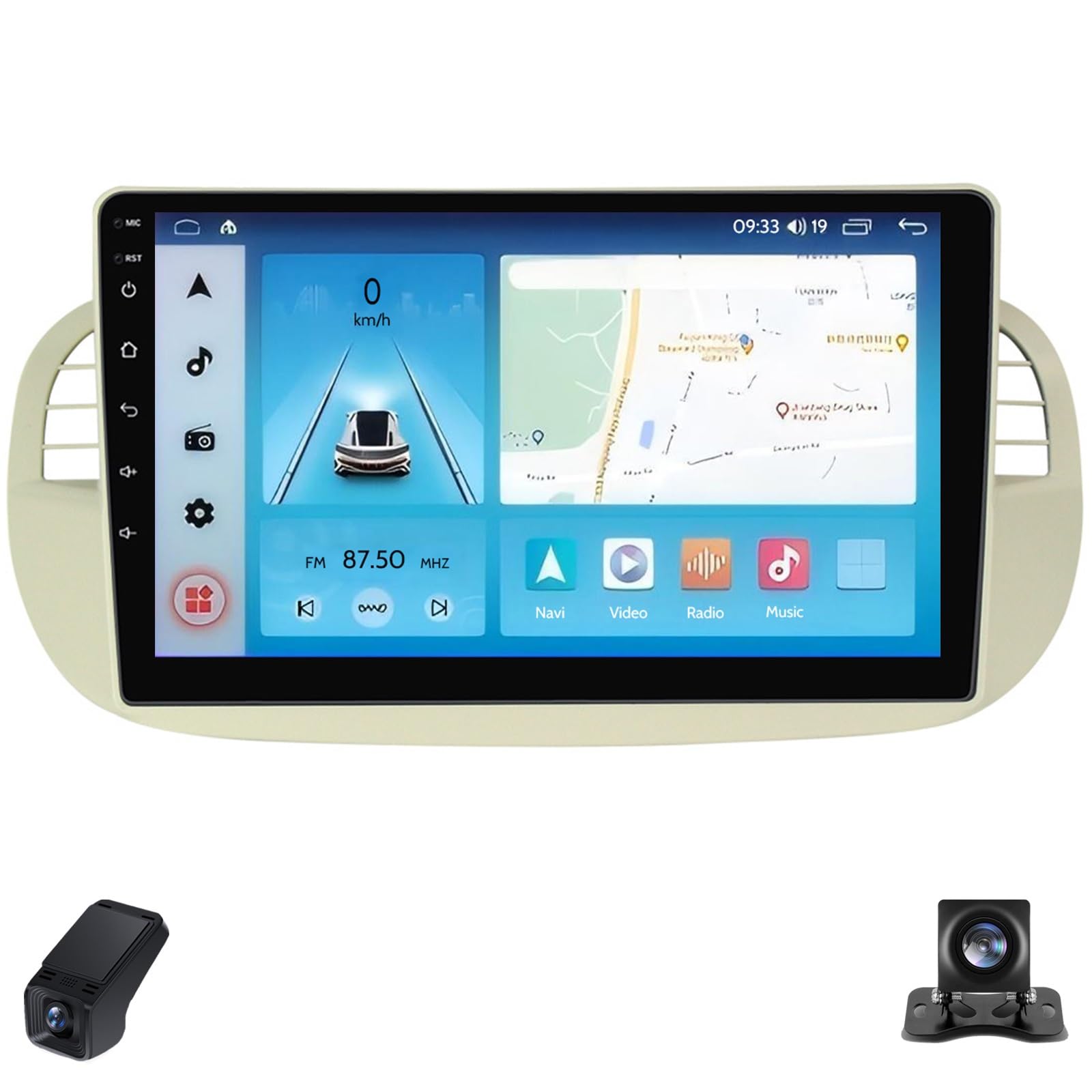 Radio Samochodowe Ekranem Dotykowym dla Fiat 500 1DIN Radio Samochodowe Multimedialne 9-Inch 4-core/CarPlay/Android Auto/Bluetooth/GPS/FM Radio/WIFI/SWC/Kamera Cofania 1024 * 600(Silver,X1)