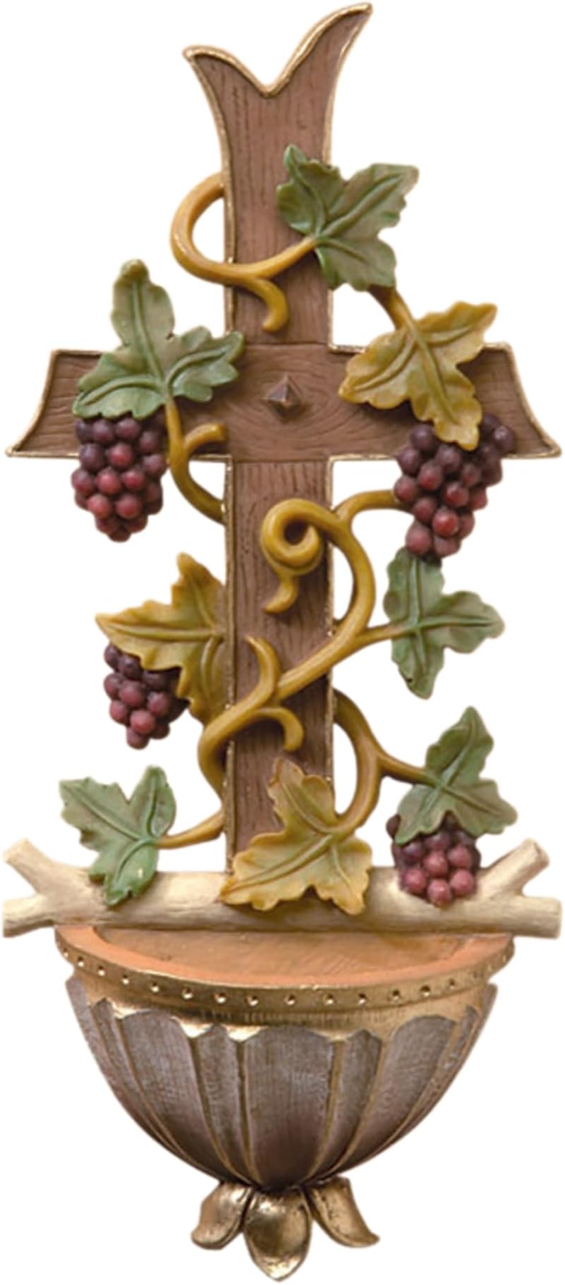 Needzo Holy Water Font with Grape Vine Details, Religious Hanging Wall Decor for Home, Catholic Church Supplies, 7 Inches