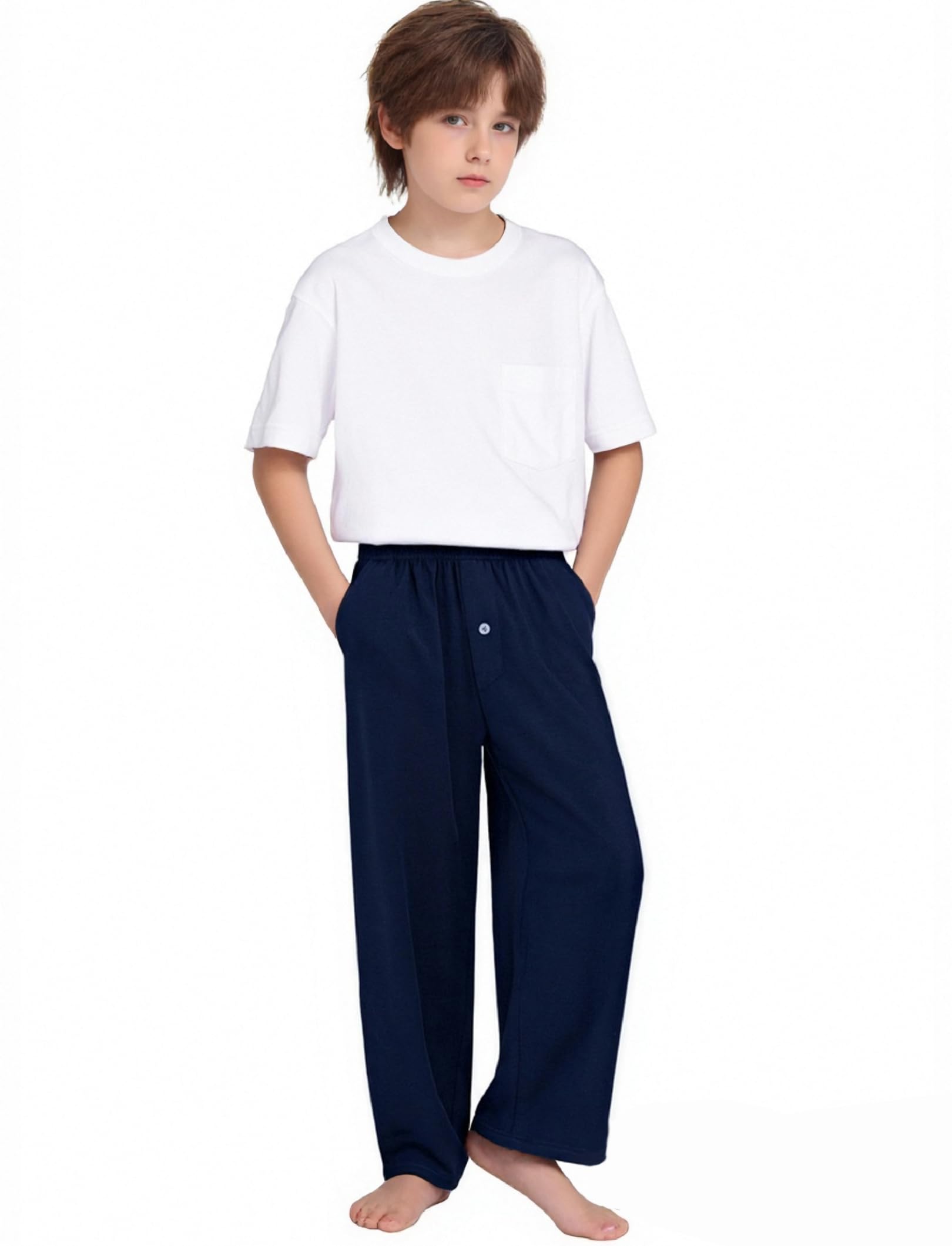 Arshiner Garçon Pantalon de Pyjama Lot de 2 Doux Confortables Bouton D'entrejambe Longue Taille Élastique avec 2 Poches Pantalons de Pyjama pour Enfants 7-15 Ans