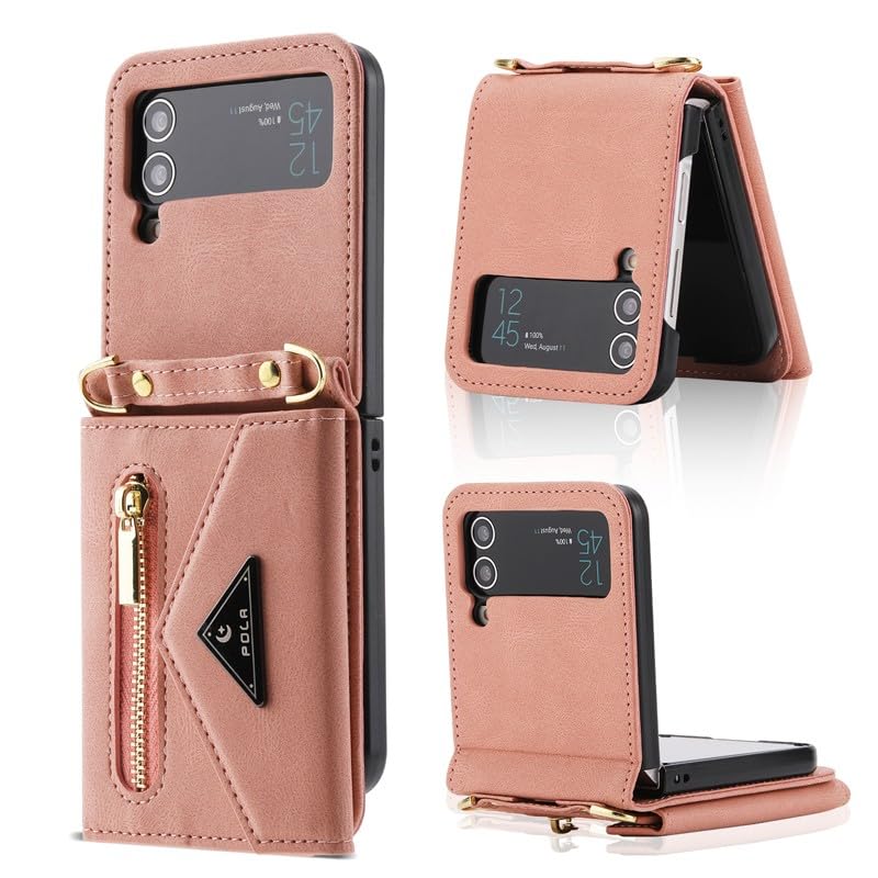 Generic Custodia compatibile con Samsung Galaxy Z Flip 4 (colore: oro rosa) antiurto portafoglio in pelle slot per carte di credito custodia flip con tracolla
