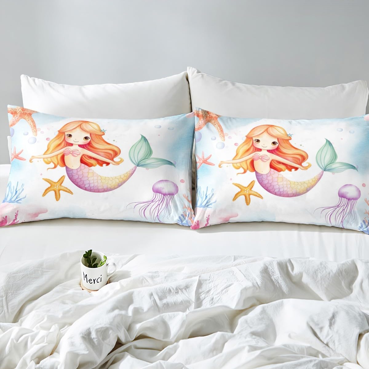 Erosebridal Ocean Bed Sheets Cute Kawaii Mermaid Queen Size Sheet Sets Coastal Beach Themed Sheets Grunge Blue Sheet & Pillowcase Sets Watercolor Underwater World Flat Sheet Mermaid Gifts