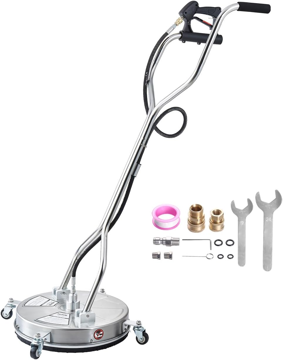 VEVOR 18" Pressure Washer Surface Cleaner, Stainless Steel Pressure Washer Attachments with 4 Wheels, 4000 Max PSI, 3/8 Quick Connector, 2 Spray Nozzles, Dual Handle, for Concrete, Patio, Sidewalk Stainless Steel 18 Inch w/ Handle & Wheels
