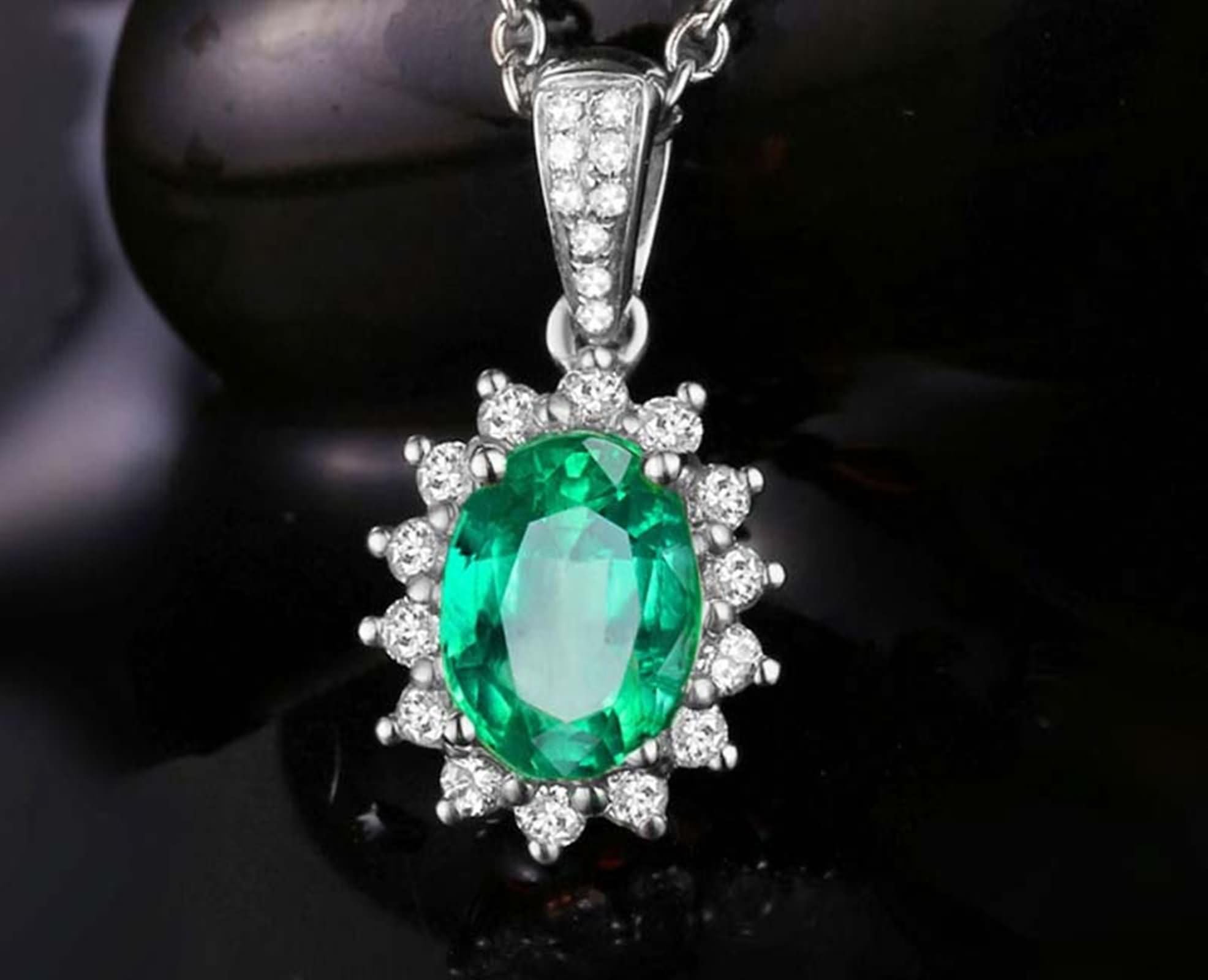 Collar Cadena Oro 18K para Mujer,Colgante Flor y Oval con Esmeralda Creada Collares para Mujer de Plata
