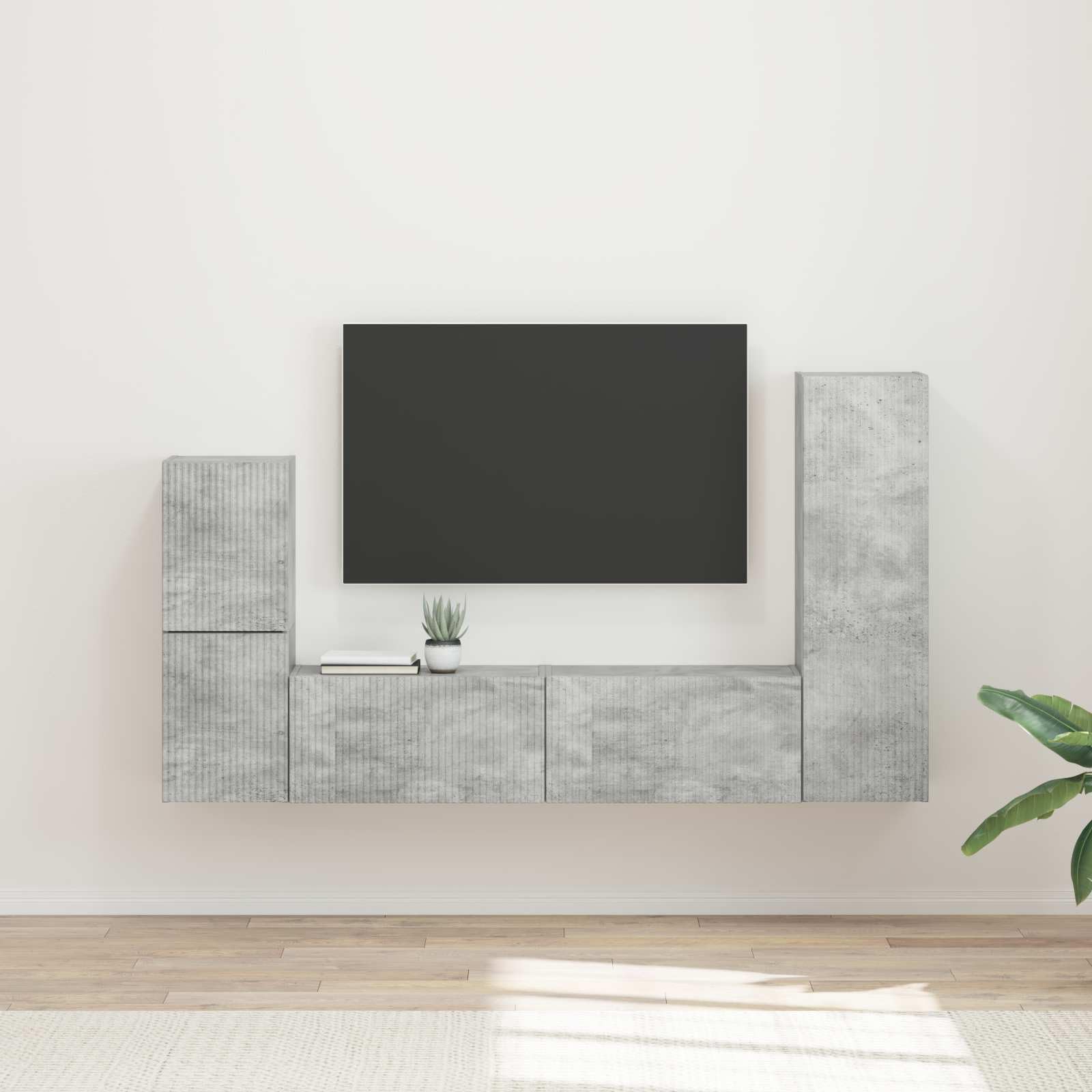 TV-Schrankset Wandmontiert 4-teilig, Beton Grau Holzwerkstoff, Modernes Media Center für Wohnzimmer, Elegantes Design mit Viel Stauraum