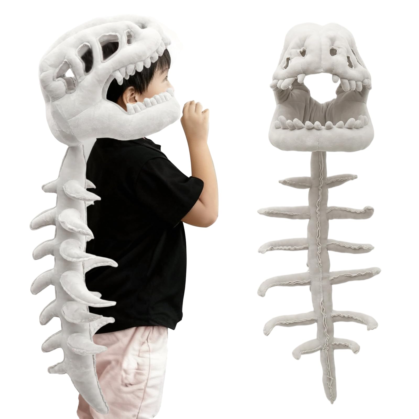 WAMEITF Realistic Dinosaur Skeleton Plush Costume with Spine Extension, Breathable Soft Plush Material, Lightweight Dinosaur Fossil Jumpsuit for Party Dress Up Cosplay Outfit (Children's size)