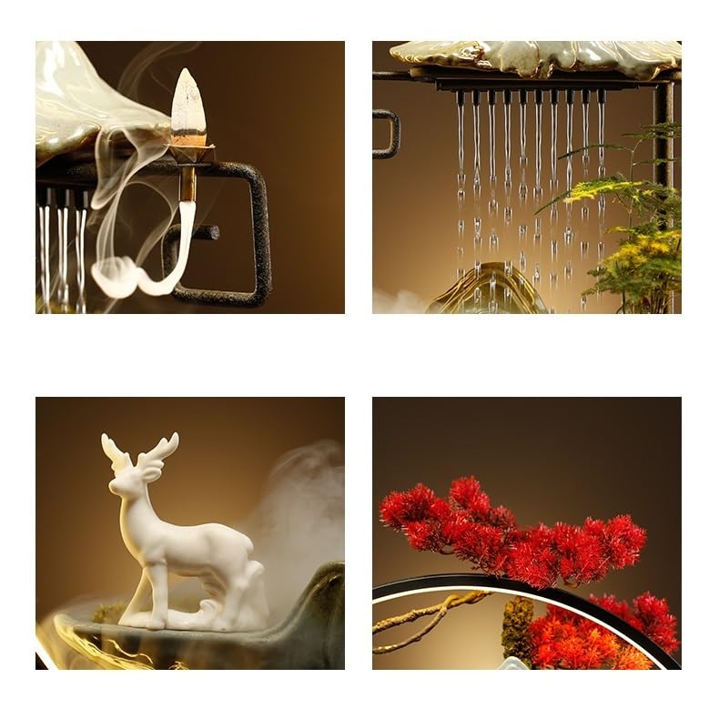 Fuente decorativa de jardín, fuente de agua con cascada, de cerámica, con iluminación LED, función humidificadora, quemador de incienso, Feng Shui Zen, decoración para salón, dormitorio, oficina