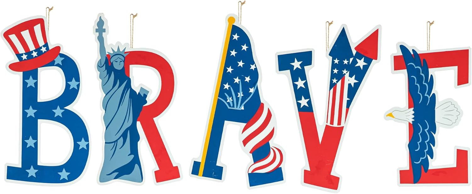 Glitzhome 4th of July Decorations Outdoor 43.2" H Metal Patriotic Yard Signs with Stakes Set of Brave Hanging Wall Decor for USA Outdoor Lawn Decorations